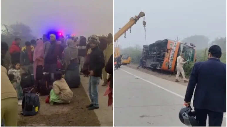 कोटा-झालावाड़ NH-52 पर प्राइवेट बस पलटी, आधा दर्जन यात्री घायल
