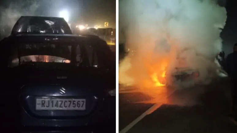 अजमेर में हाईवे पर चलती कार बनी आग का गोला, ड्राइवर ने कूदकर बचाई जान
