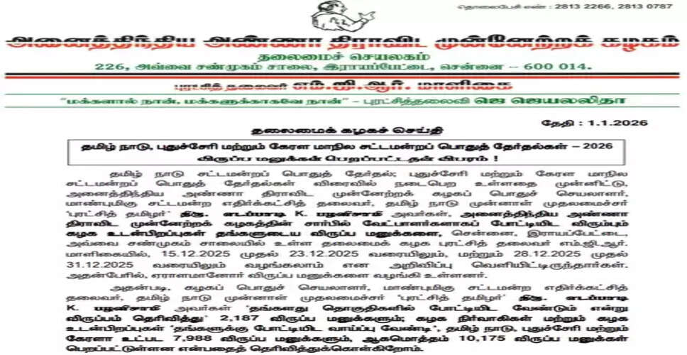 विधानसभा चुनाव 2026: पलानीस्वामी पर बढ़ा भरोसा, एआईएडीएमके को मिले 10,175 उम्मीदवारों के आवेदन