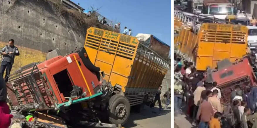 जयपुर एक्सप्रेस-वे पर ट्रेलर-ट्रक की टक्कर, वीडियो में देखें ओवरटेक करते समय हुआ हादसा, पुलिया से नीचे गिरते गिरते बचे दोनों वाहन