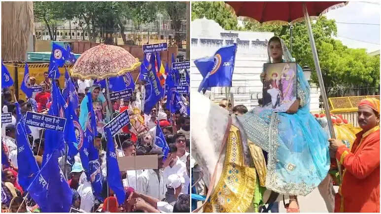 घोड़ी पर सवार होकर कलेक्ट्रेट पहुंची दुल्हन, बिंदोली रोकने के विरोध में किया अनोखा प्रदर्शन