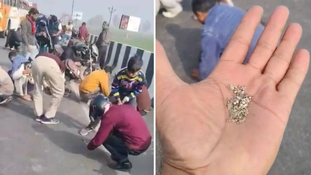 हापुड़ देहात में चलते ट्रक से गिरा संदिग्ध धातु, चांदी की अफवाह से लगा लंबा जाम, Video
