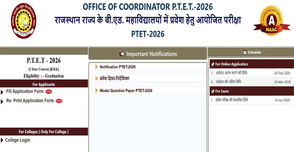 राजस्थान: PTET 2026 में आवेदन संख्या में गिरावट, 10 दिनों में केवल 6,500 आवेदन &mdash; UG/PG परीक्षाओं का प्रभाव