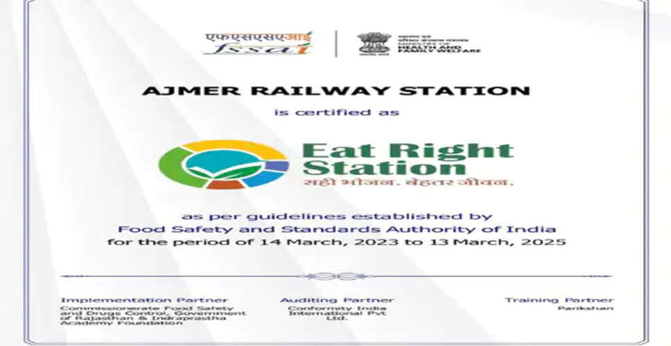 Ajmer फाइनल ऑडिट के बाद स्थिति, अजमेर रेलवे स्टेशन को भोजन की गुणवत्ता के लिए 'ईट राइट' स्टेशन सर्टिफिकेट मिला